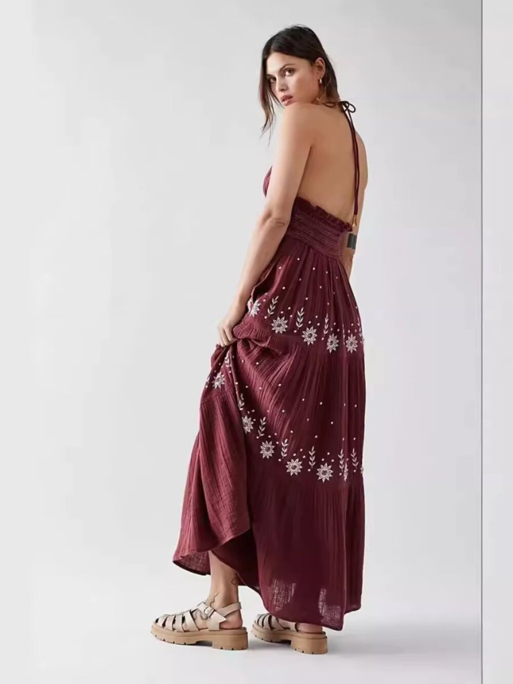 Free People Real Love Embroidered Dress Burgundy Large - Picture 2 of 5